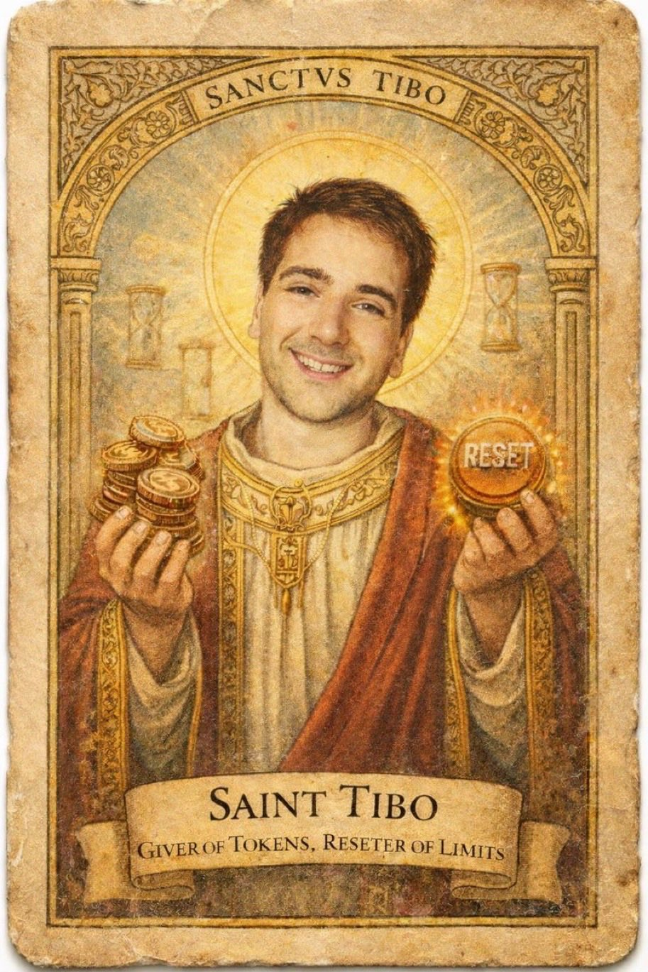 Saint Tibo holding tokens and a glowing reset button